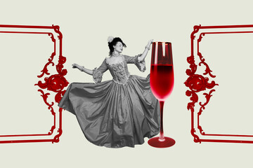 Contemporary poster trend art collage of happy countess girl dance cocktail champagne glass castle holiday entertainment party