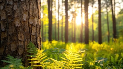 Fototapeta premium Golden Hour in the Forest: Sunlight filtering through the trees illuminating ferns and a tree trunk, creating a serene and peaceful atmosphere.