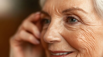 Fototapeta premium A warm and intimate close-up portrait capturing the joyful expression and wisdom of an older woman, showcasing the beauty of aging with soft lighting and detail.