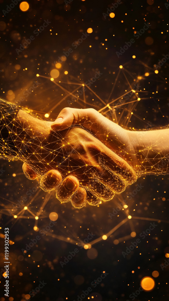 Poster two businessmen shaking hands creating a futuristic golden network representing a successful busines