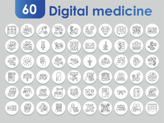 Digital medicine black line icons set. Infographics with symbols.