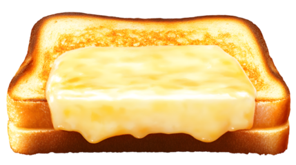 A golden slice of buttered toast with crisp edges displayed centrally on a transparent background 