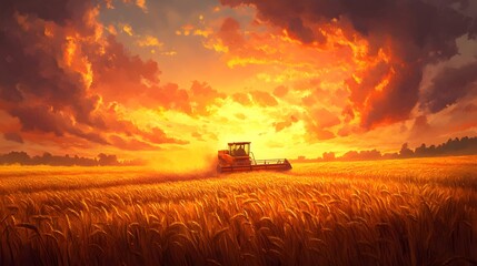 Fototapeta premium Golden Harvest Sunset Combine Harvester in Wheat Field