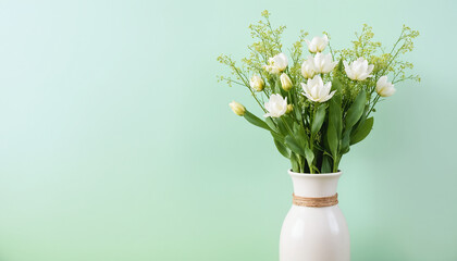 Minimalist bouquet of white and green flowers in a modern ceramic vase tied with simple twine on a soft pastel green background with space for copying  