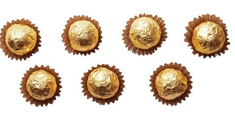 Chocolate balls in golden wrapping isolated on white, top view