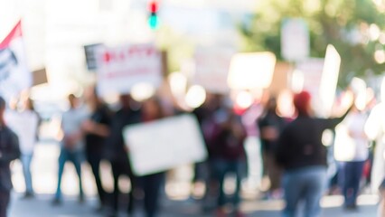 Protest Crowd Blur: A blurred scene of a group of protesters holding signs in a political demonstration.	
