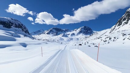 Snowy landscape with mountains under a clear blue sky.