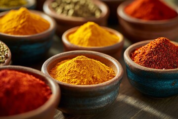 Vibrant Spices on Wooden Table