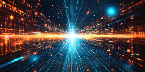 Obraz premium Digital Speed of Light: Abstract digital art depicting a futuristic cityscape with glowing lines of light converging towards a bright center.