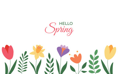 Hello Spring floral background with text. Spring and summer flowers. Botanical modern border. Great for greeting cards, banners, flyers, birthday and mom's day greetings. Vector.