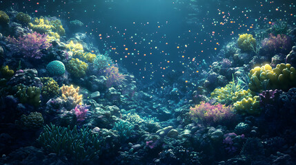 Obraz premium Close-up of detailed coral reefs underwater, showcasing sharp textures, vibrant marine life and glowing plankton