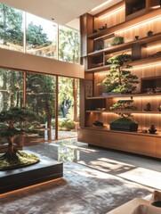 Modern Living Room Featuring Bonsai Trees And Large Windows