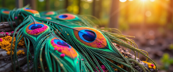 Colorful peacock feathers in sunlight, celebrating Holi festival