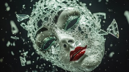 A captivating mask design made from shattered glass fragments conveys a sense of beauty and...