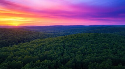 Obraz premium Run-down landscapes in a national park Vibrant sunset over a lush green forest landscape.