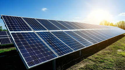 Concept of renewable energy with solar panels glowing under intense sunlight, highlighting sharp textures and a clean sky