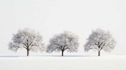 Three snow-covered trees stand side-by-side against a white background, creating a minimalist winter scene