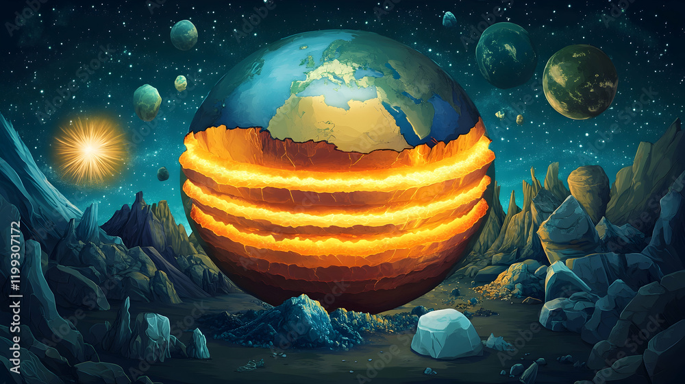 Wall mural cross-section of the earth's core with glowing layers illustrating the mantle, crust and core, surro