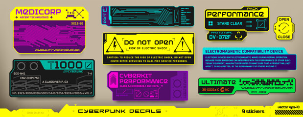 Cyberpunk decals set. Set of vector stickers and labels in futuristic style. Inscriptions and symbols.