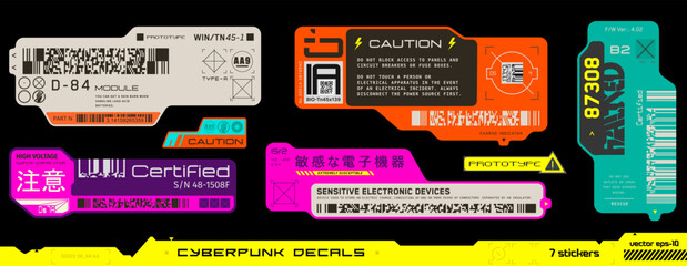 Cyberpunk decals set. Set of vector stickers and labels in futuristic style. Inscriptions, symbols. Japanese hieroglyphs for sensitive electronic devices, high voltage.	