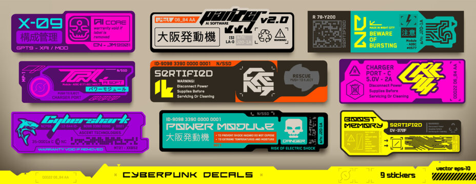 Cyberpunk decals set. Set of vector stickers and labels in futuristic style. Inscriptions and symbols, Japanese hieroglyphs for configuration management, note, osaka motors.	