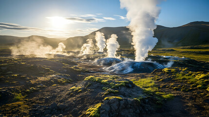 Depiction of clean geothermal energy with steam vents and surrounding rocky terrain under bright natural lighting