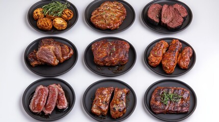 Assorted Grilled Meats on Black Plates with Herbs and Glazed Sauces for Culinary Presentation