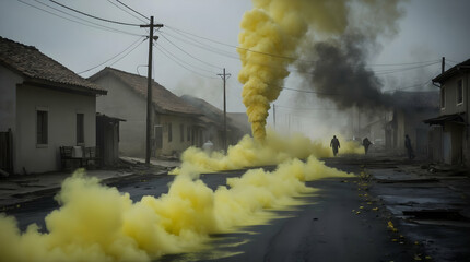 Yellow Smoke Clouds Fill a Damaged Town Street