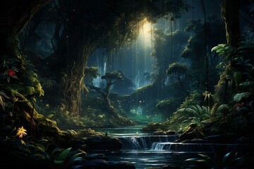 A mystical forest with ethereal light filtering through trees, illuminating a serene stream amidst lush greenery.