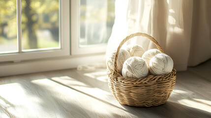 Fototapeta premium Soft yarn balls in a wicker basket by a sunlit window. Perfect for crafting and cozy vibes.