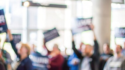 Political Campaign Supporters Blur: A blurred scene of enthusiastic political campaign supporters waving signs.	
