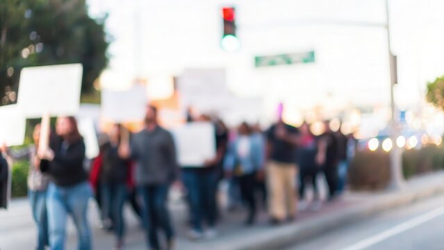 Peaceful Protest Blur: A blurred image of people walking in a peaceful protest for political reform.	
