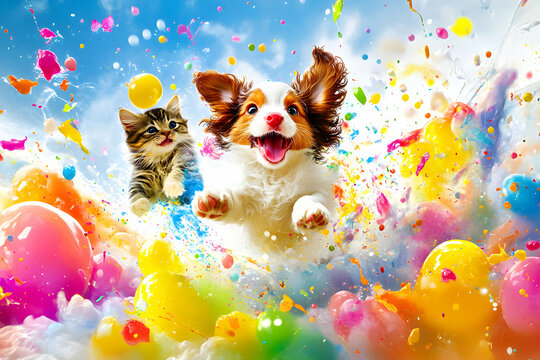 Joyful puppy and kitten playfully splashing through a vibrant explosion of rainbow colors and bubbles.  Perfect for children's products, greeting cards, or cheerful backgrounds.