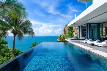 Fototapeta premium A luxurious modern villa perched on a cliffside overlooking a sparkling blue ocean under the midday sun. The sleek architecture features expansive glass walls and a long infinity pool