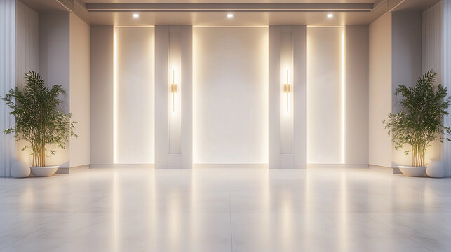 Luxury hotel lobby foyer modern interior lighting plants minimalist empty upscale branding nobody mock up background copy space ad glowing backdrop white bone soft lights designer business 