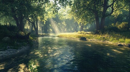 Sunlit River in a Lush Green Forest: A Serene Escape