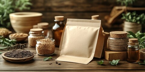 Eco-Friendly Packaging Mockup: Sustainable Brown Paper Pouch with Herbs and Seeds
