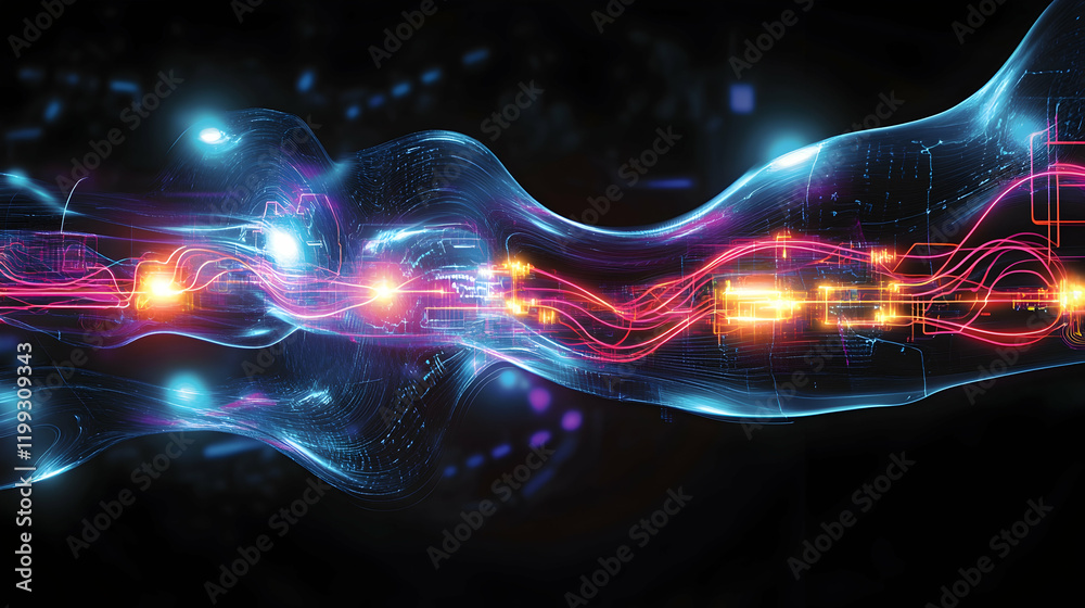 Wall mural digital representation of electric current flow with glowing circuits and vibrant energy patterns on
