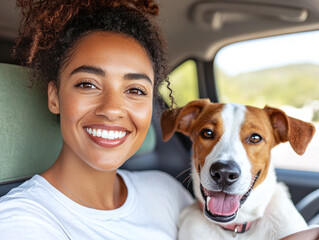 A medium age dark skin woman is driving her mobile home. Her dog is lying near.