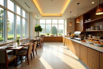 Fototapeta premium Bright, airy dining room with large windows overlooking a tranquil green landscape, featuring a contemporary buffet and wooden furnishings, offering a serene and sophisticated breakfast experience.
