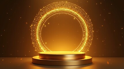 Gold podium with a background of glowing dots arranged in a circle emphasizing elegance and sophistication.