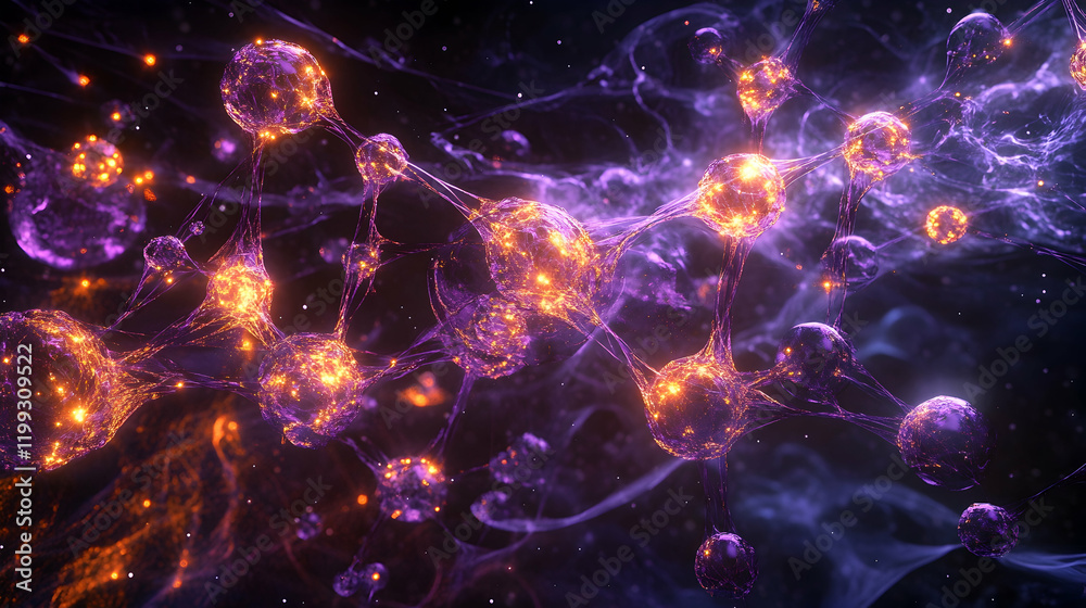 Sticker digital visualization of particle physics with glowing atom-like structures and intricate molecular 