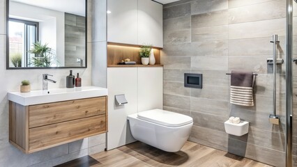 Fototapeta premium Modern Bathroom with White Toilet and Wooden Vanity