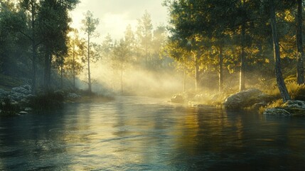 Misty Morning River in a Serene Forest