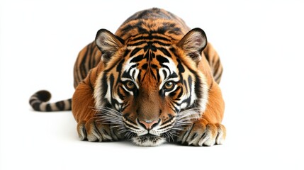A fierce tiger in a crouched position, ready to pounce, beautifully isolated on a plain white background,