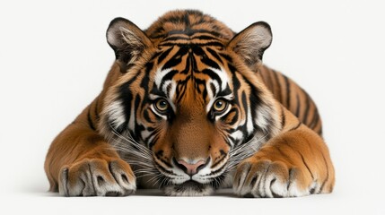 Obraz premium A fierce tiger in a crouched position, ready to pounce, beautifully isolated on a plain white background,