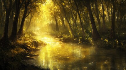 Fototapeta premium Golden Hour Forest Stream: A Serene Digital Painting
