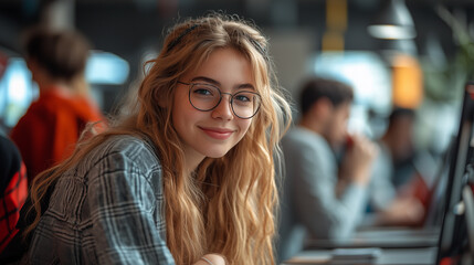 Teens participating in a hackathon, collaborating on different digital projects. Bright lighting, contrast