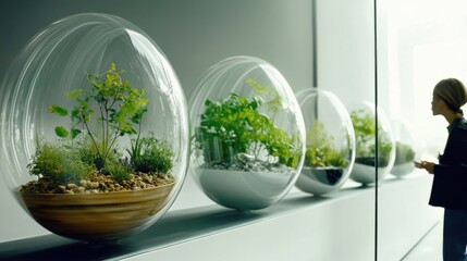 A chic display of glass terrariums showcases various small plants, blending nature and modern design, highlighting the importance of greenery in urban spaces.