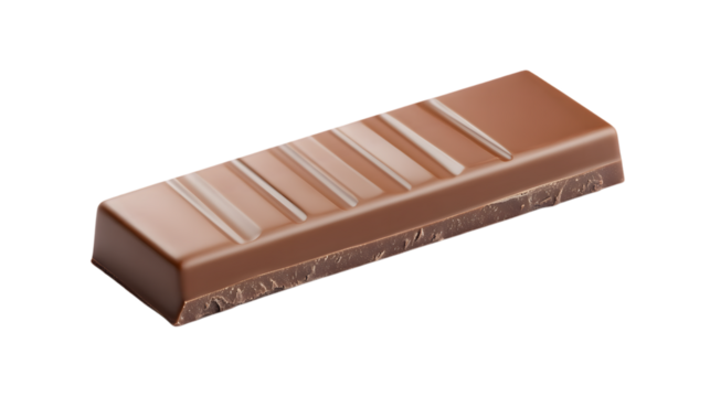 A single chocolate bar with visible segments and a glossy surface displayed in the center of a transparent background 